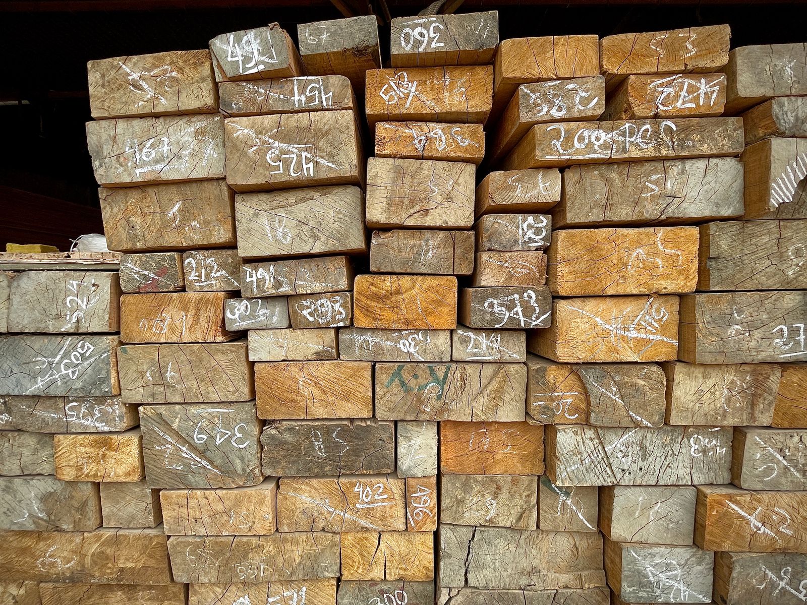 An end-on view of a large stack of rough-sawn timber beams and planks of varying sizes, each end chalk-marked with a number, stacked under cover.